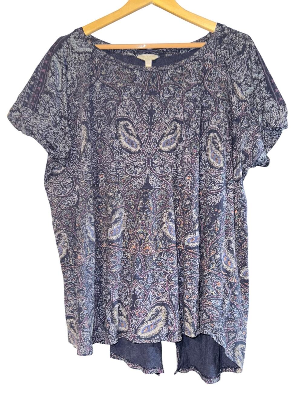 Lucky Brand Paisley Boho Top Women's 2X Slit Back Relaxed Flowy Blue Purple